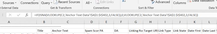 Excel formula: =IF(ISNA(VLOOKUP(C2,'Anchor Text Data'!$A$1:$I$402,3,FALSE)),0,VLOOKUP(C2,'Anchor Text Data'!$1:$I$402,3,FALSE))