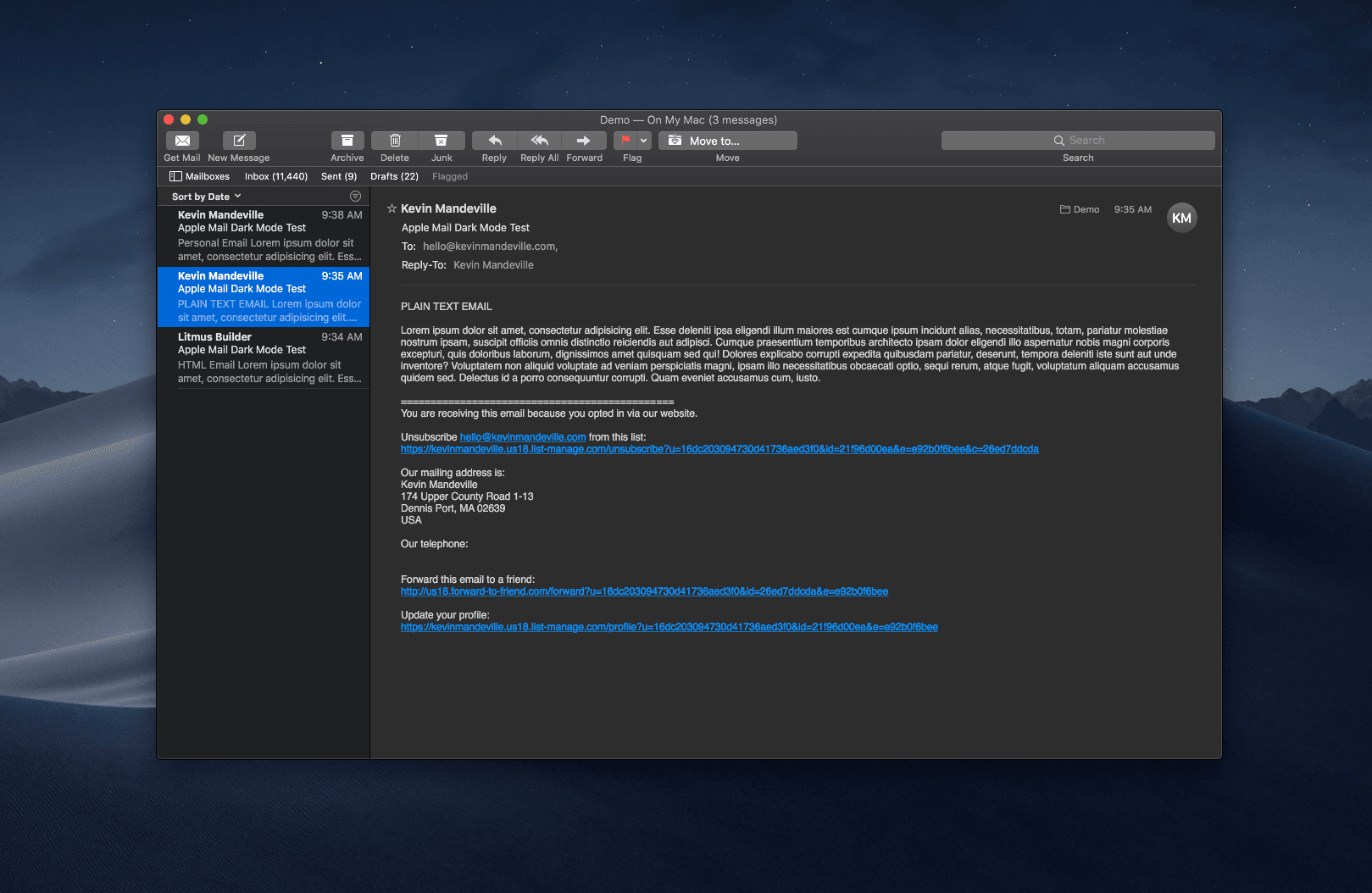A text-only email in Dark Mode
