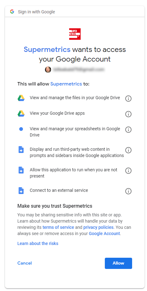 Supermetrics wants to access your Google Account