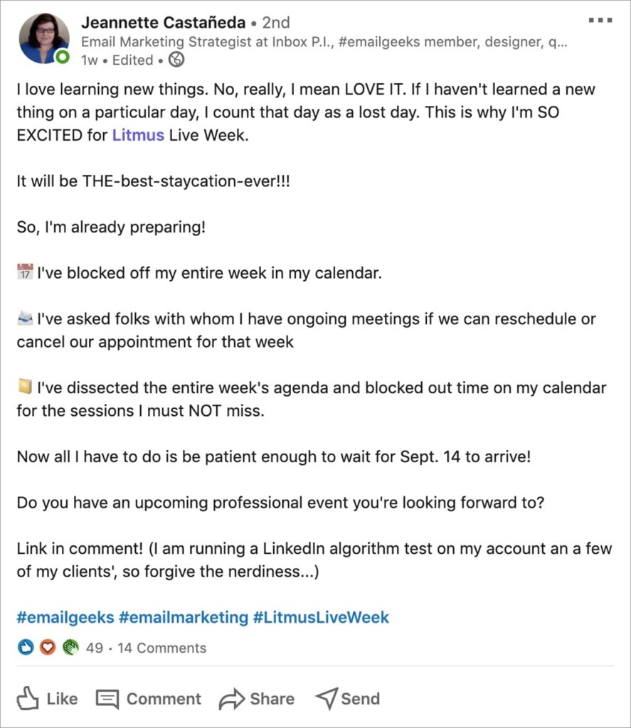 LinkedIn post from Jeannette Castaneda about her excitement for Litmus Live Week 2020