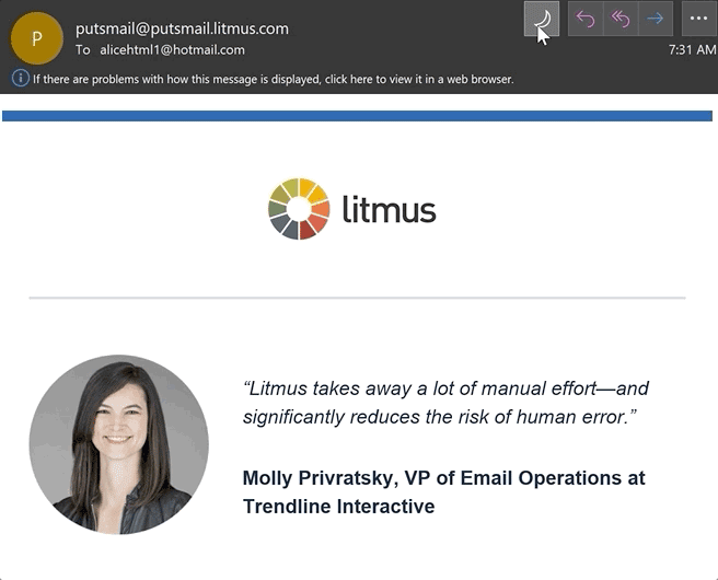 Litmus dark mode email example of image with transparent background