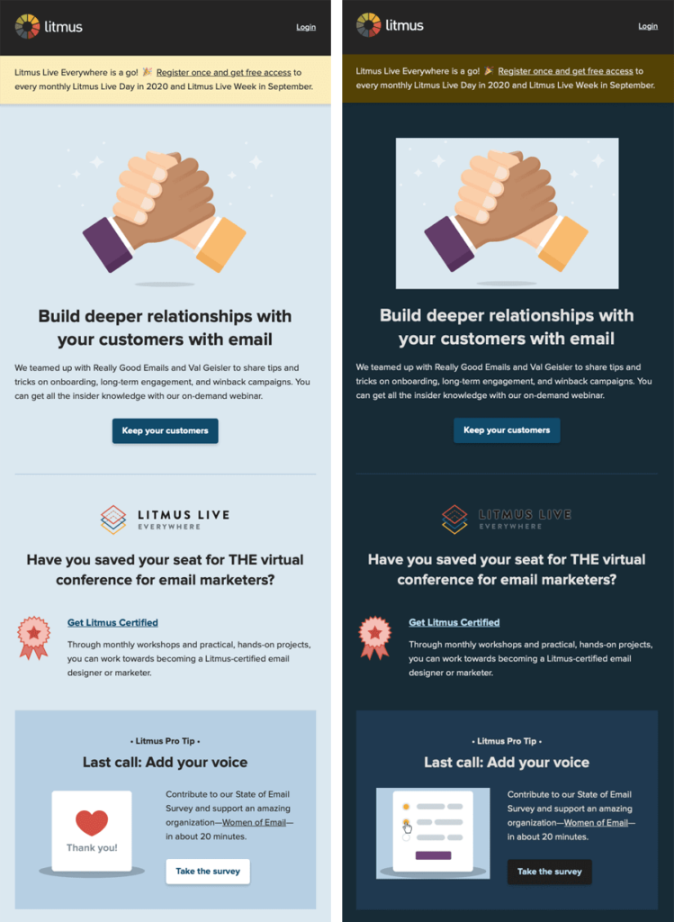 Litmus light mode email vs. dark mode email partial color invert example