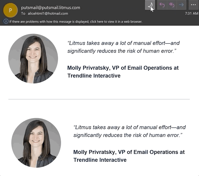 Litmus dark mode email example of image without transparent background
