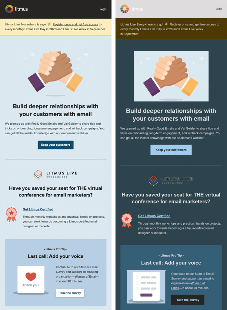 Litmus light mode email vs. dark mode email full color invert example
