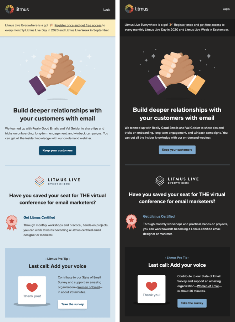 Litmus light mode email vs. custom dark mode email example