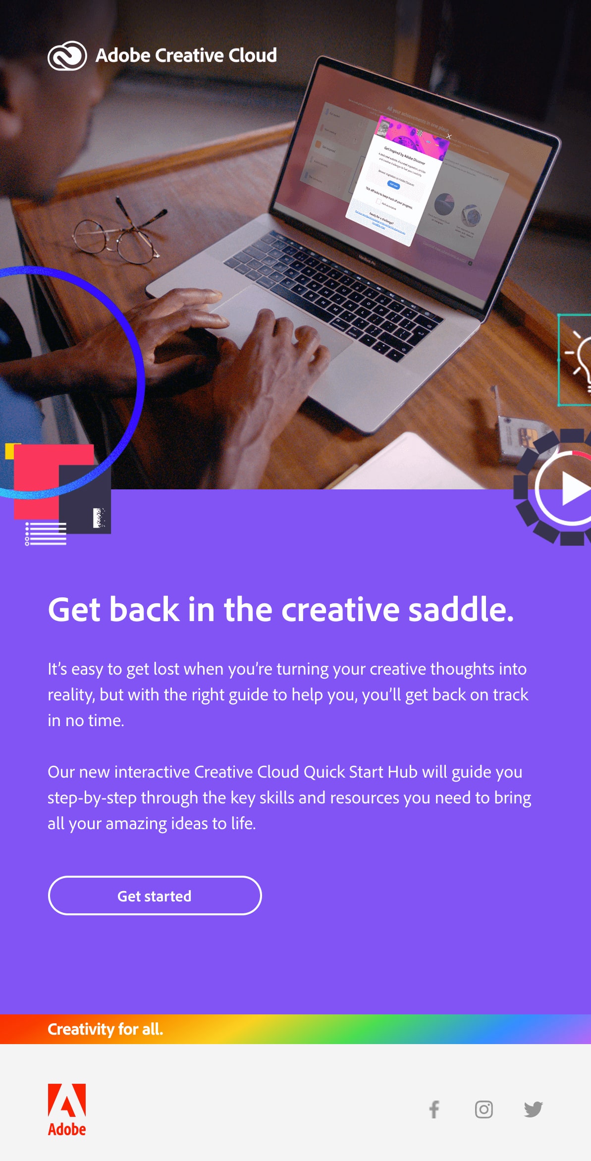 Adobe email with rainbow band in footer to show creativity for all