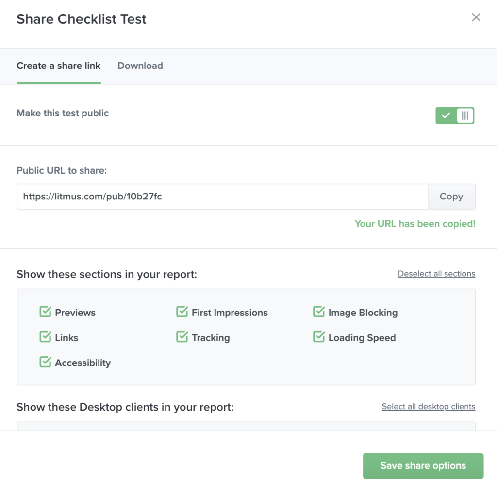 Litmus Checklist Test share options and link