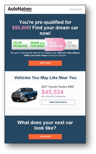 AutoNation email with dynamic personalization section