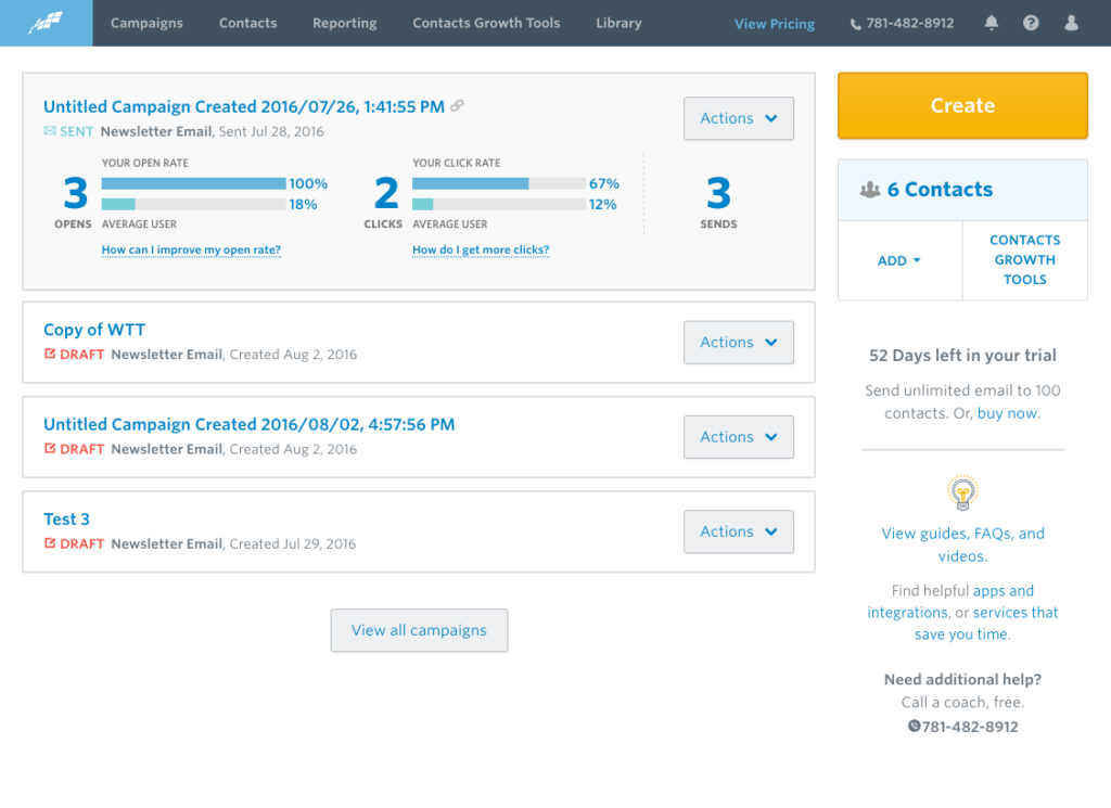 Constant Contact dashboard