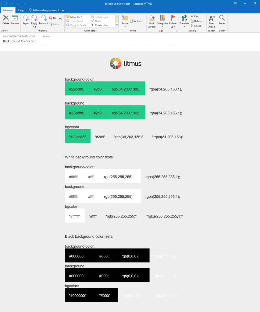 Litmus test on how background colors render in HTML email in Outlook