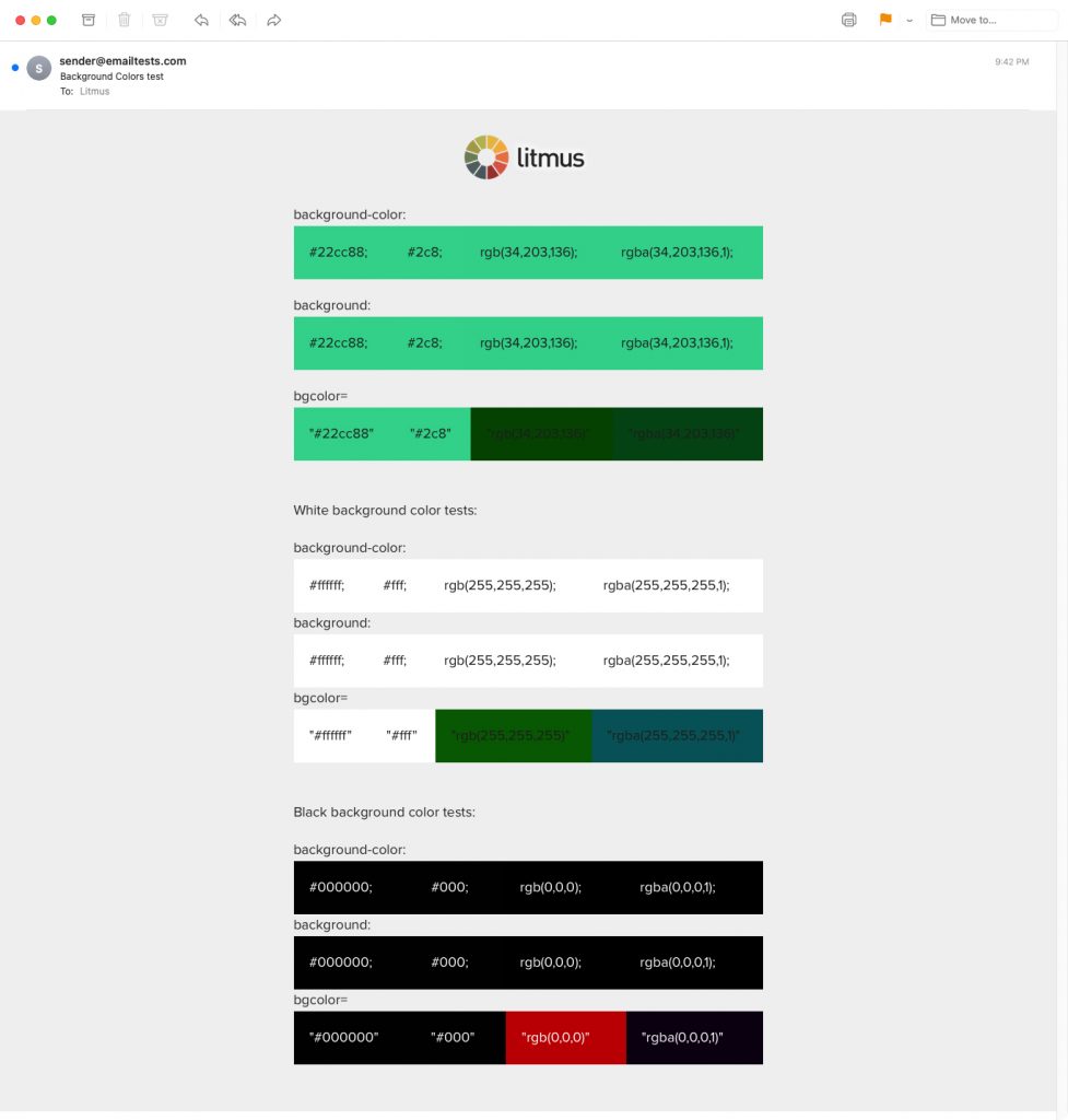 Litmus test on how background colors render in HTML email in Apple Mail