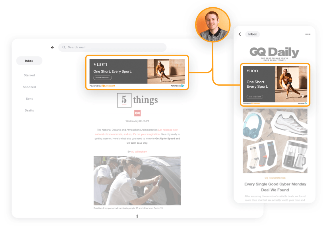 An image that showcases a user receiving advertisement in email newsletters for athletic attire tying the interactions back to a single user.