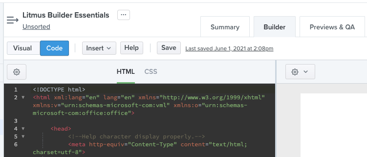 Litmus Builder code editor menu on the left side