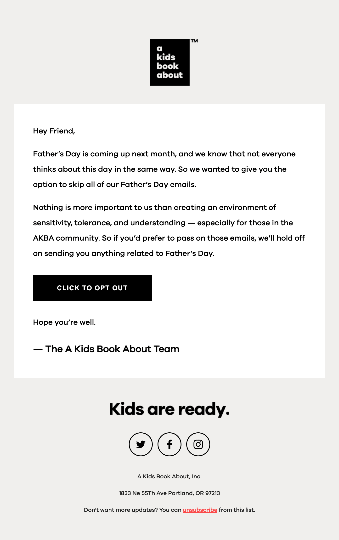 Father's Day opt-out email from A Kids Book About